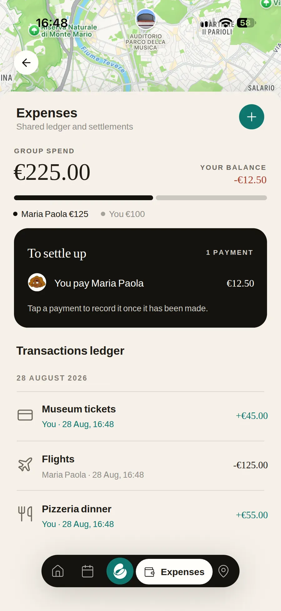 A group's expenses on a Rome trip: €225 total with the per-person
                    split, your balance at −€12.50, the settle-up card with the single
                    payment that clears it — you pay €12.50 to Maria Paola — and the
                    history: museum tickets, flights and dinner.