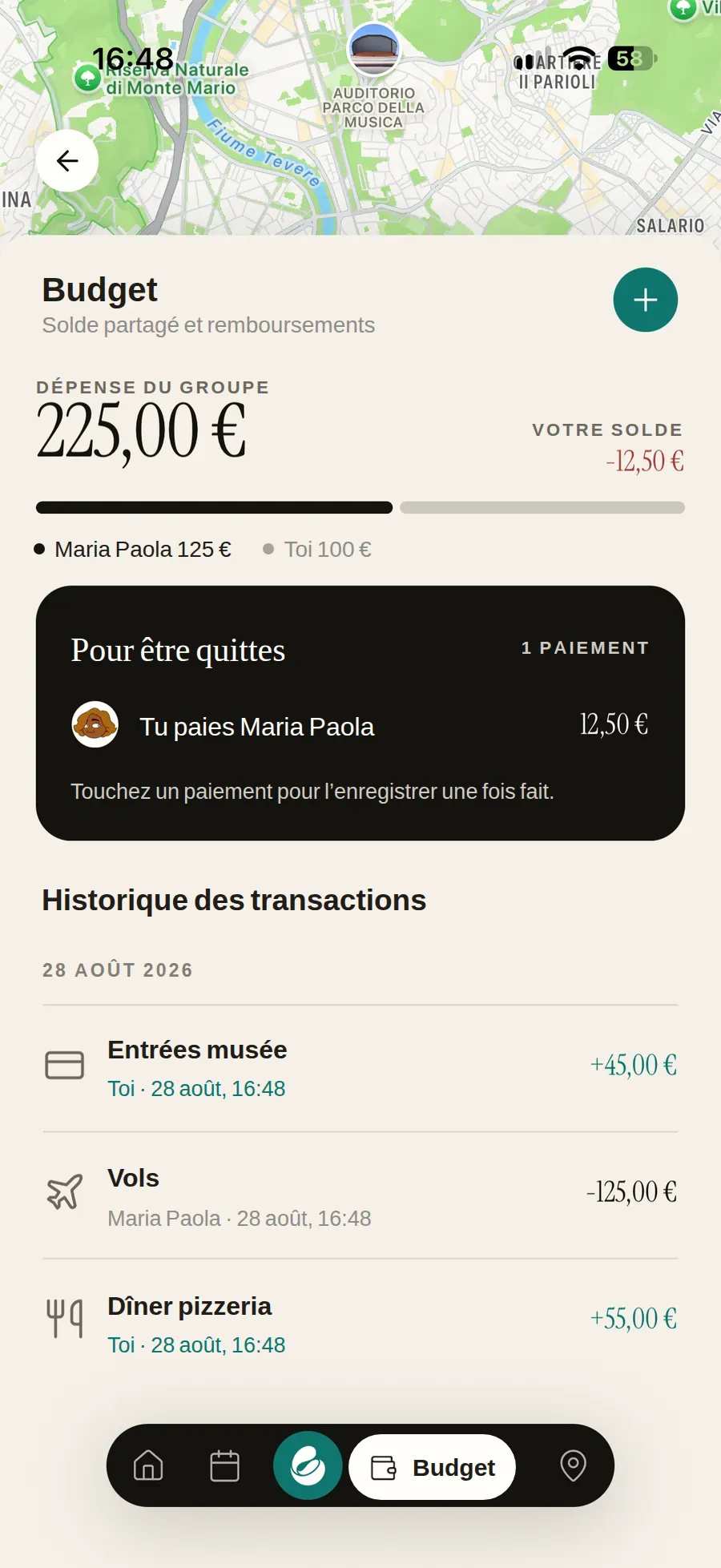 Les dépenses du groupe sur un voyage à Rome : 225 € au total avec la
                    part par personne, votre solde à −12,50 €, la carte pour se mettre à
                    jour avec l’unique paiement qui la solde — vous payez 12,50 € à Maria
                    Paola — et l’historique : billets du musée, vols et dîner.