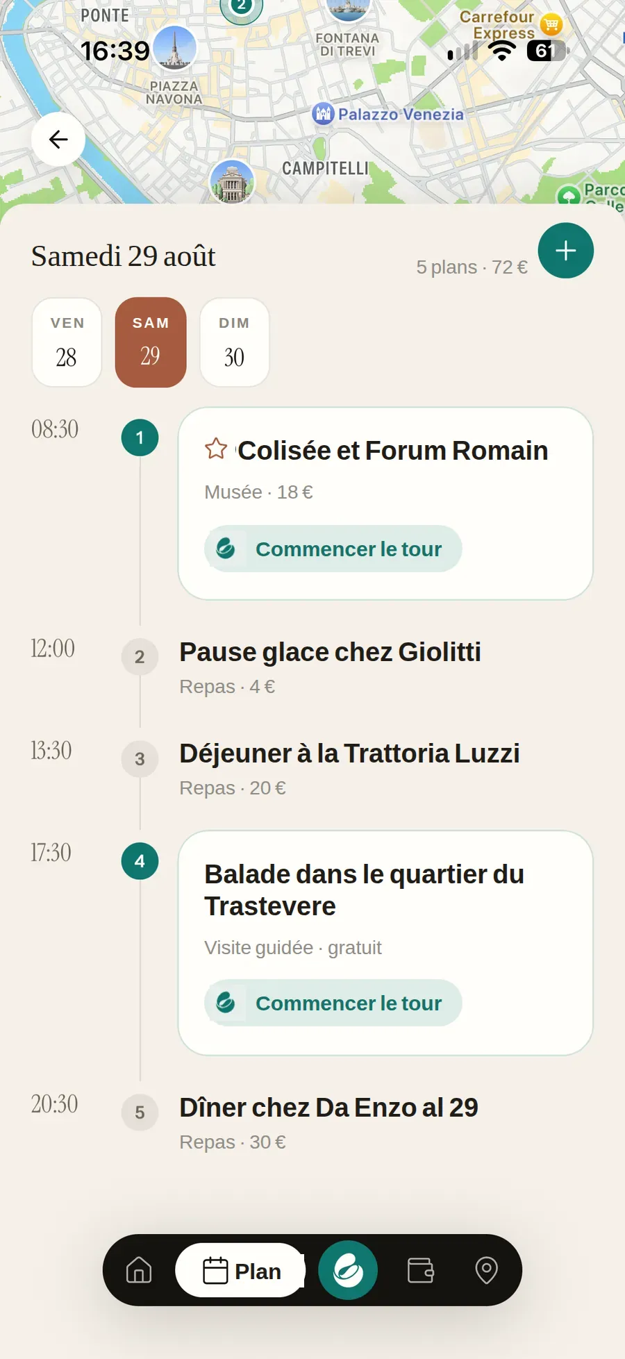 Le plan d’une journée à Rome : la carte en haut, samedi 29 août avec 5
                    plans pour 72 €, la bande des trois jours du voyage et la journée
                    heure par heure — le Colisée et le Forum Romain à 8 h 30, une glace
                    chez Giolitti, la balade dans le Trastevere à 17 h 30 — avec un bouton
                    Commencer le tour sur chaque étape guidée et, en bas, la barre avec le
                    bouton NOMAD AI au centre.