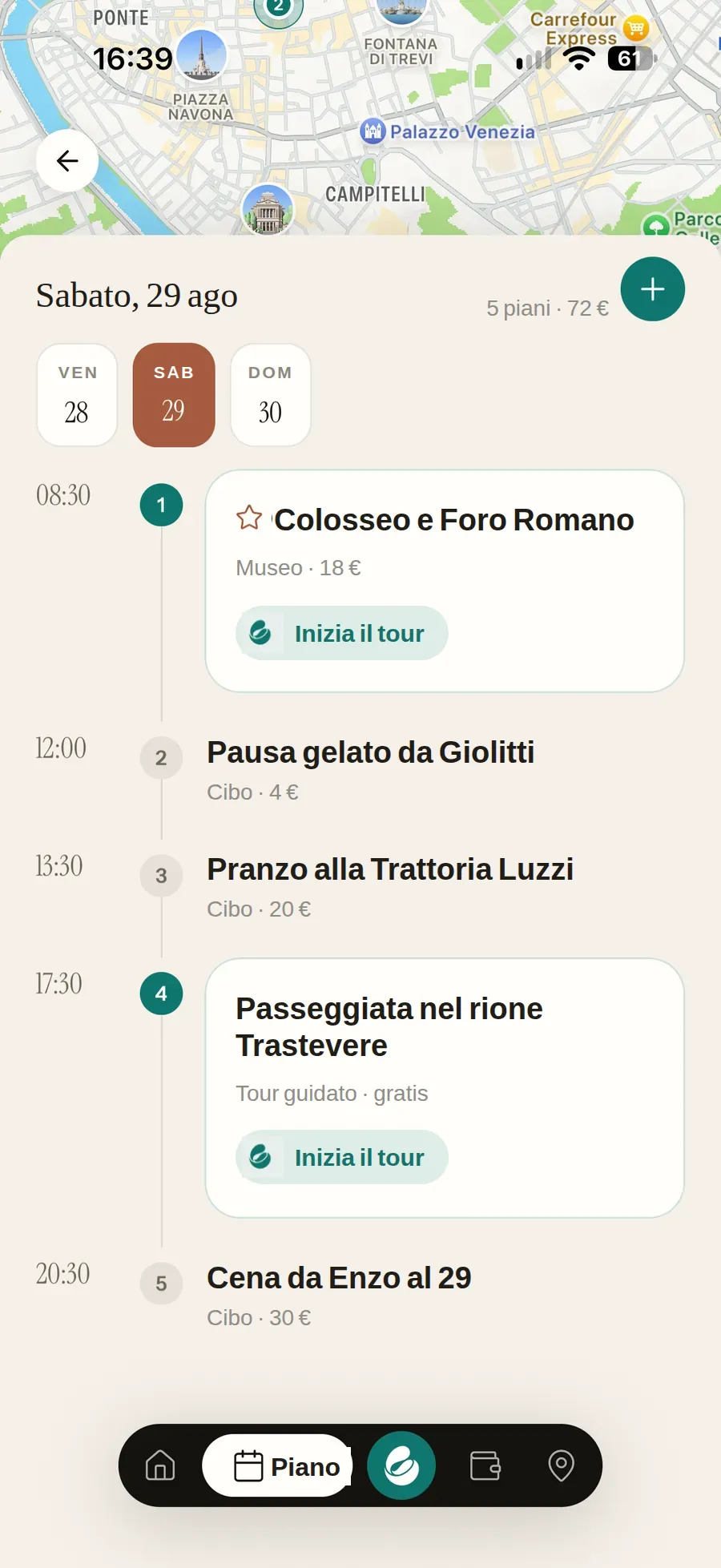 Il piano di una giornata a Roma: la mappa in alto, sabato 29 ago con 5
                    piani per 72 €, la striscia dei tre giorni del viaggio e la giornata
                    ora per ora — il Colosseo e il Foro Romano alle 8:30, un gelato da
                    Giolitti, la passeggiata a Trastevere alle 17:30 — con un pulsante
                    Inizia il tour su ogni tappa con guida e, sotto, la barra con il
                    pulsante NOMAD AI al centro.