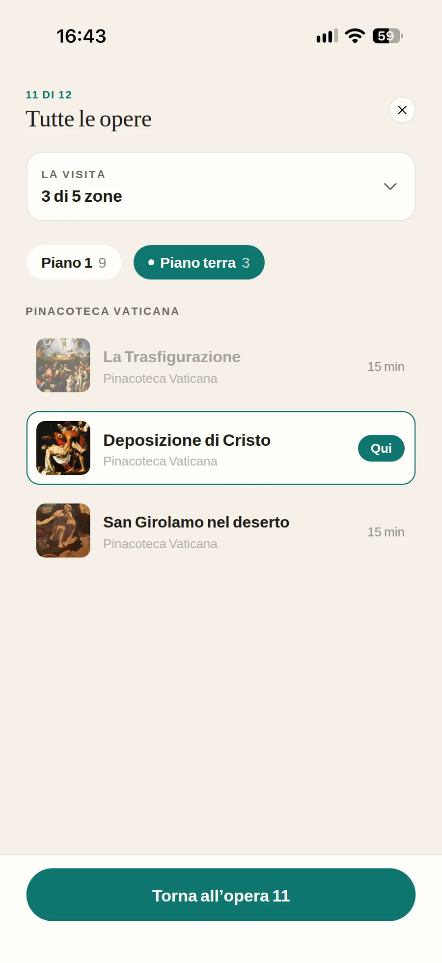 Tutte le opere della Pinacoteca Vaticana raggruppate per piano, con il
                    conteggio della visita — 3 di 5 zone, spuntate da sole mentre avanzi —
                    e l’opera in cui ti trovi segnata con Qui.